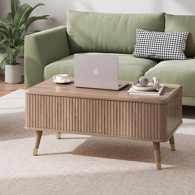 Lift Top Coffee Table with Storage, Mid Century Modern Walnut Fluted Coffee Table, Rectangular Wood Center Table with Rising Desktop & Open Shelf for Work from Home, Living Room, Oak
