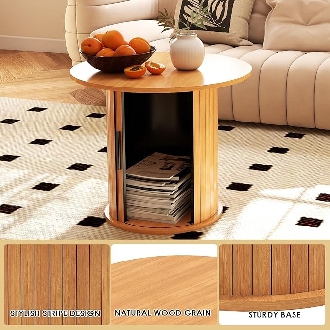 COSVALVE Round Wood Coffee Table 23.6IN with Hidden Storage & Sliding Door, Circle Farmhouse Side Table Sets for Living Room, Bedroom, Balcony, Small Spaces, Natural