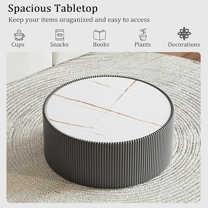 Round Living Room Table Set, 29.52" Grey Drum Center Table and 17.71" Grey Coffee Table Set, 2 Pieces Coffee Table Set with Sintered Stone Tabletop,Fluted PU Leather Covered and StableBase