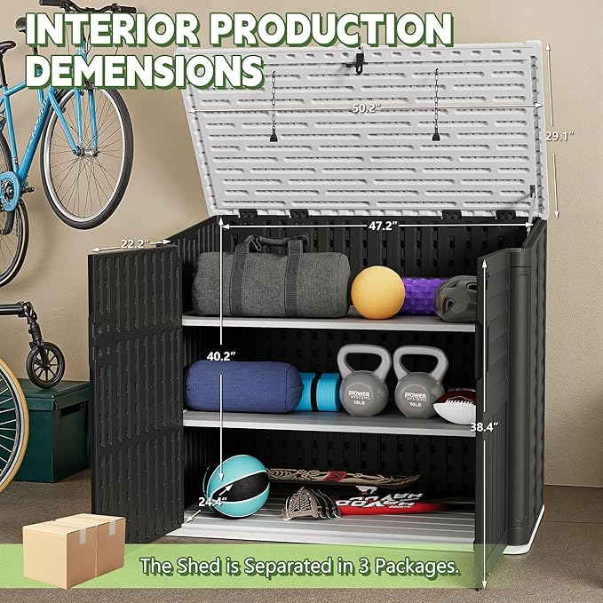 Devoko Resin Outdoor Storage Shed, 34 Cu Ft Outdoor Storage Cabinet with Shelf, Waterproof, Double Locks, Resin Storage for Trash Can, Garden Tools, Pool Supplies (Black)