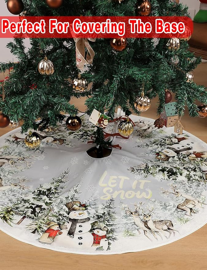Christmas Tree Skirt 48 Inch, Snowman and Reindeer Design, Thick Flannel Fabric, Rustic Farmhouse Xmas Tree Skirt for Holiday Christmas Decorations