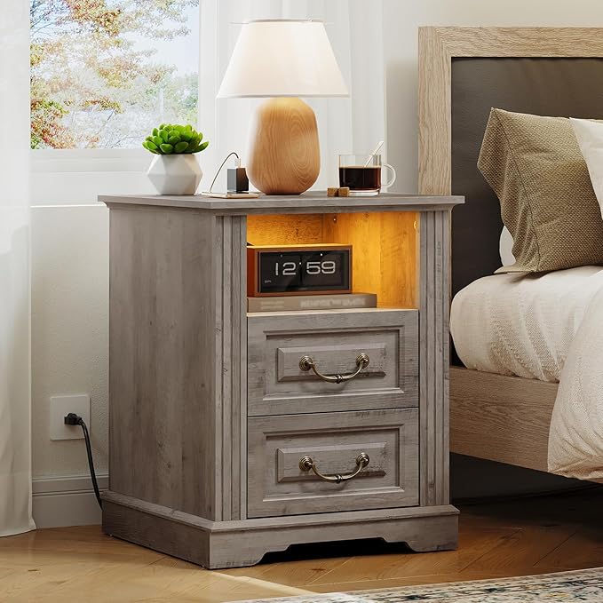 Farmhouse Nightstand Set of 2, Wooden Night Stand with Charging Station, LED Bedside Table with Drawers, Rustic Sofa Side Table, End Table for Bedroom, Living Room, Greige