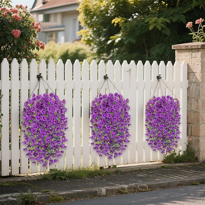 Rich and Eye-catching 5 PCS Artificial Hanging Flowers，Silk Morning Glory Faux Flowers with Eucalyptus Leaves,uv Resistant Fake Hanging Petunias Plants for Yard Decoration(Purple)