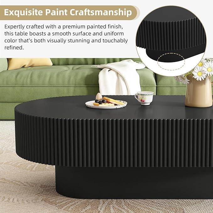WILLIAMSPACE 43.3" Oval Coffee Table with 6.8" Thick Tabletop & Sturdy Base, Modern Drum Center Table Accent End Tea Table for Living Room, Minimalist Fluted Design, Easy Assembly, Black