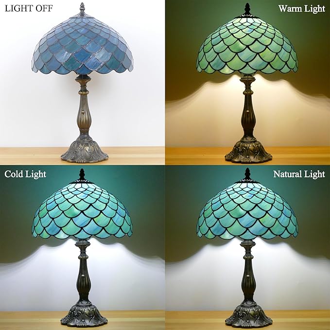 Tiffany Lamp Stained Glass Table Lamp Antique Bedside Reading Light W12H19 Inches (Fishscale Style)