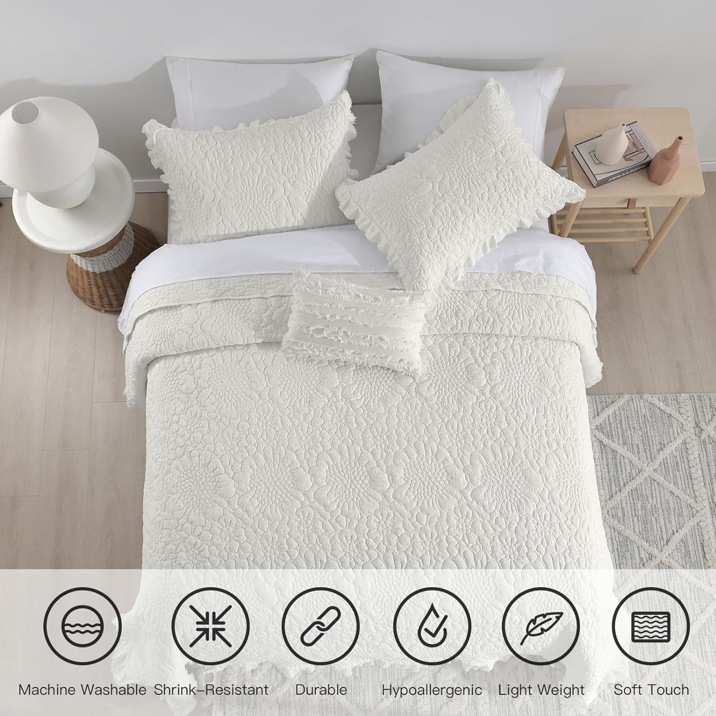 HORIMOTE HOME Cream White Ruffled Quilt Queen Size, Stone-Washed Microfiber Lightweight Crinkled Farmhouse Shabby Chic Bedding Set, 3 Pieces Reversible Bedspread with Pillow Sham for All Season