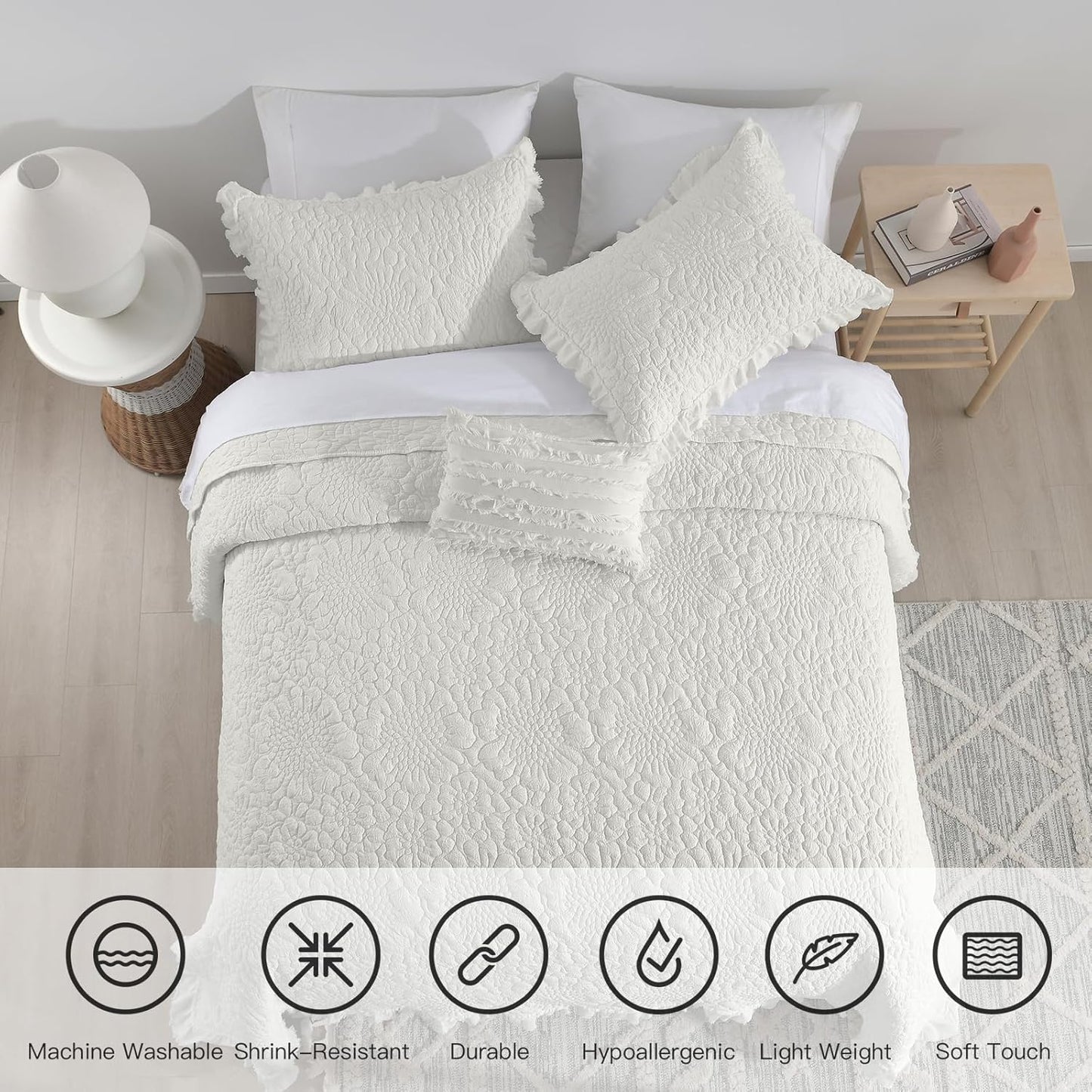 HORIMOTE HOME Cream White Ruffled Quilt King Size, Stone-Washed Microfiber Lightweight Crinkled Farmhouse Shabby Chic Bedding Set, 3 Pieces Reversible Bedspread with Pillow Shams for All Season