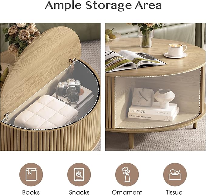 Round Coffee Table with Storage, 31.5" Modern Fluted Drum Coffee Table, Wood Circle Center Table with Sliding Doors & Hidden Compartment for Small Apartment Living Room,Oak