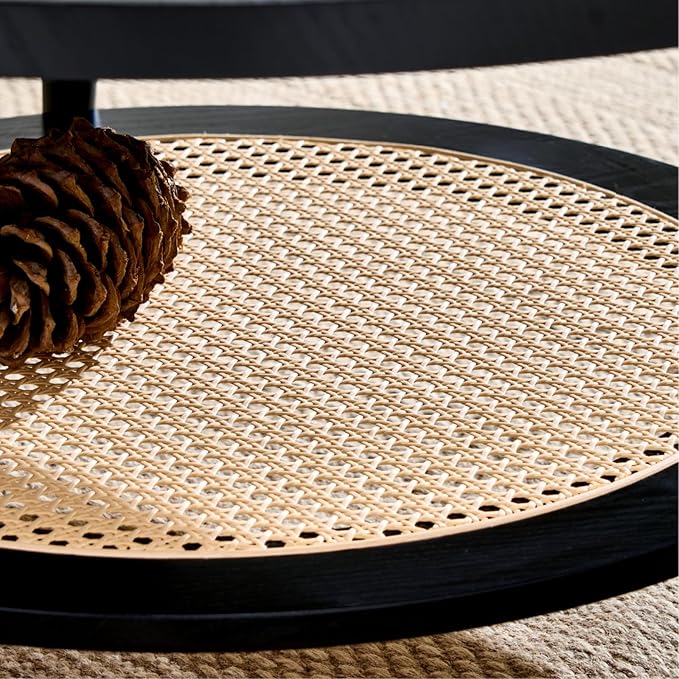 Saint Mossi Modern Coffee Table for Living Room, Mid-Century Round Wood Coffee Table, 2-Tier Boho Center Table for Small Space, Black Wood and Rattan Top,
