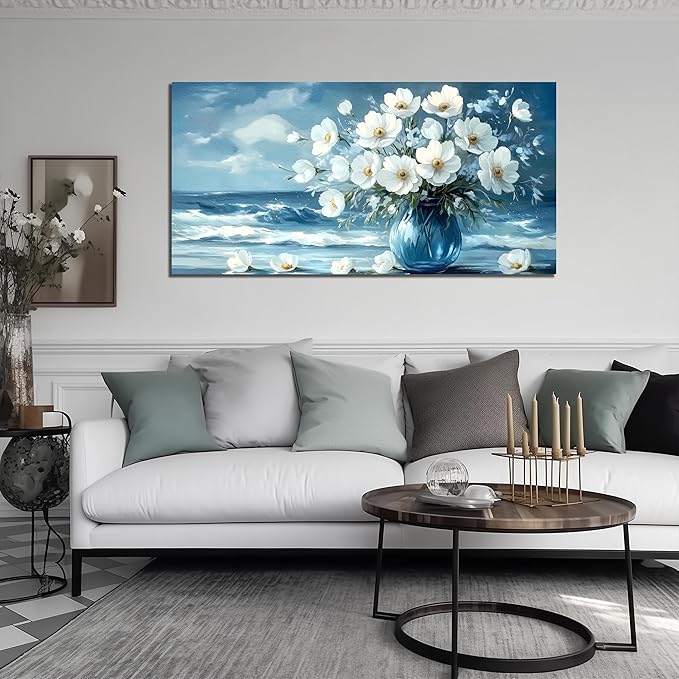 Flower Wall Art for Living Room, Ocean Canvas Wall-Decor for Bedroom, Blue and White Picture Print Artwork for Office, Size 48 x 24 Inches