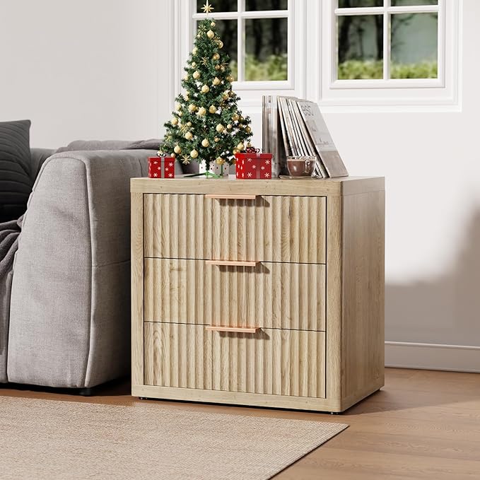 Night Stand with 3 Drawers, 23" Wide Modern Bedside Table with Large Storage, Fluted Bed Side End Table with Metal Handle, Tall Nightstand for Bedroom, Living Room, Office, Nature, Set of 2