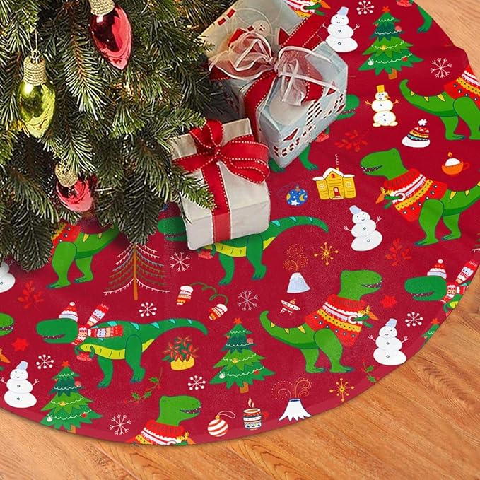 Cute Christmas Dinosaur Christmas Tree Skirt 48 Inches Animal Tree Skirt Xmas Tree Mat Holiday Party Supplies Christmas Tree Decorations