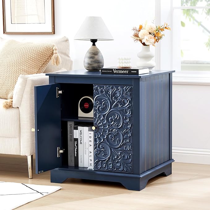 Farmhouse End Table with Carved Floral Door, 24" Wide Nightstand with Adjustable Shelf, Wooden Square Sofa Side Table Storage Table for Living Room Bedroom (Midnight Blue)