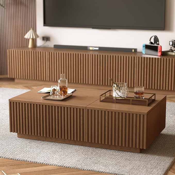 Mid-Century Modern 51.1" Coffee Table with Lift-Top & Storage, Floor-Standing Living Room Center Table for Working, Dining & Organizing, Walnut