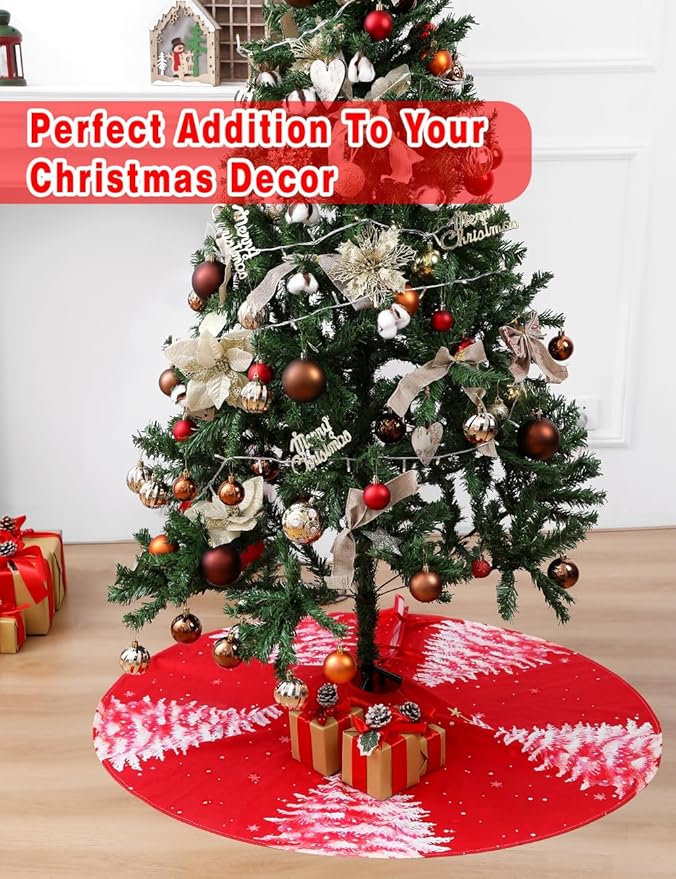 Christmas Tree Skirt 48 Inch, Red Christmas Tree Skirt with Christmas Tree Design, Thick Flannel Fabric, Rustic Farmhouse Xmas Tree Skirt for Holiday Decorations, Indoor Christmas Party