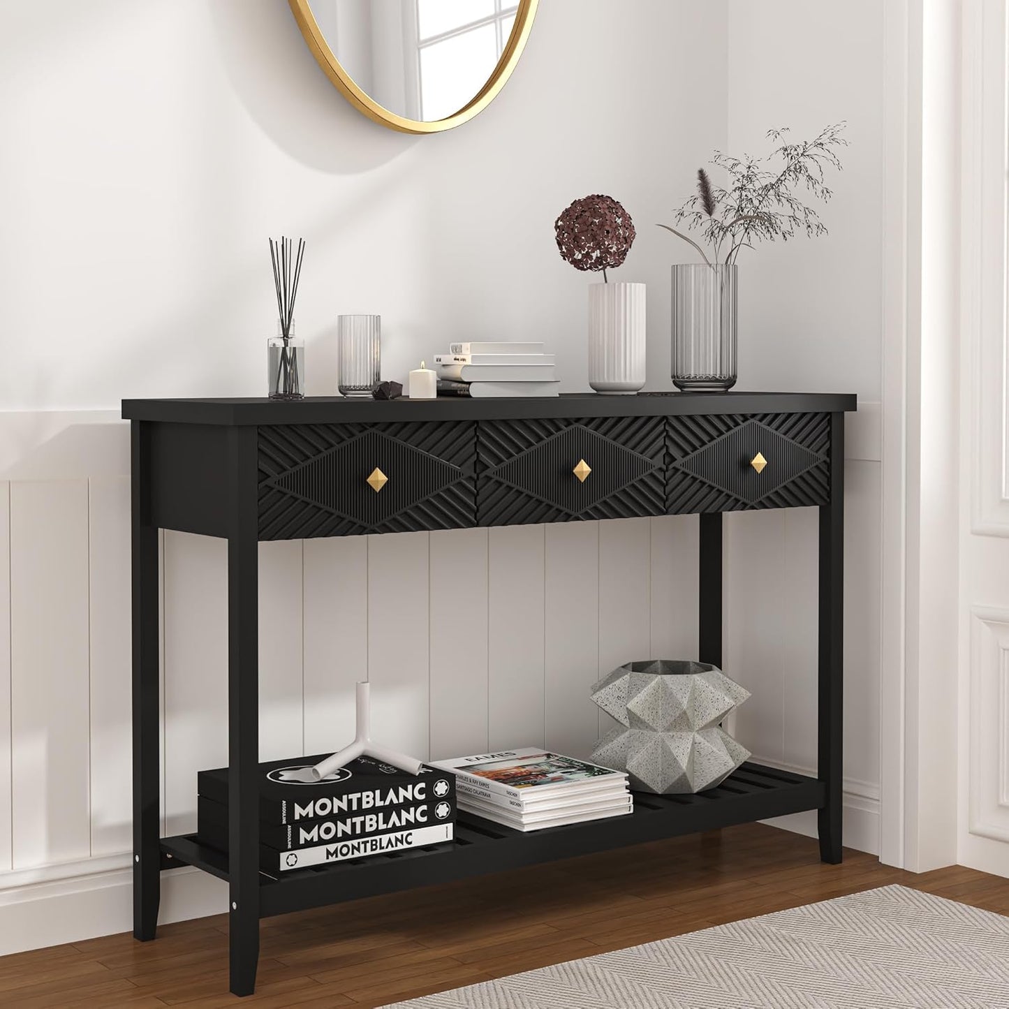 47" Console Table with 3 Drawers, Fluted Narrow Long Entryway Table with Storage Shelf, Accent Table for Entryway, Living Room, Behind Couch, Foyer, Hallway, Office