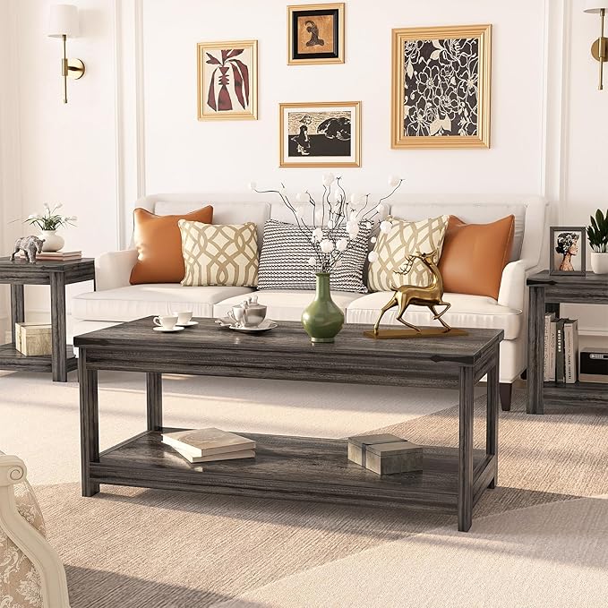 Homieasy Coffee Table with Storage Shelf, 43.3” Farmhouse Wood Coffee Tables for Living Room, Modern Center Tea Table, Grey