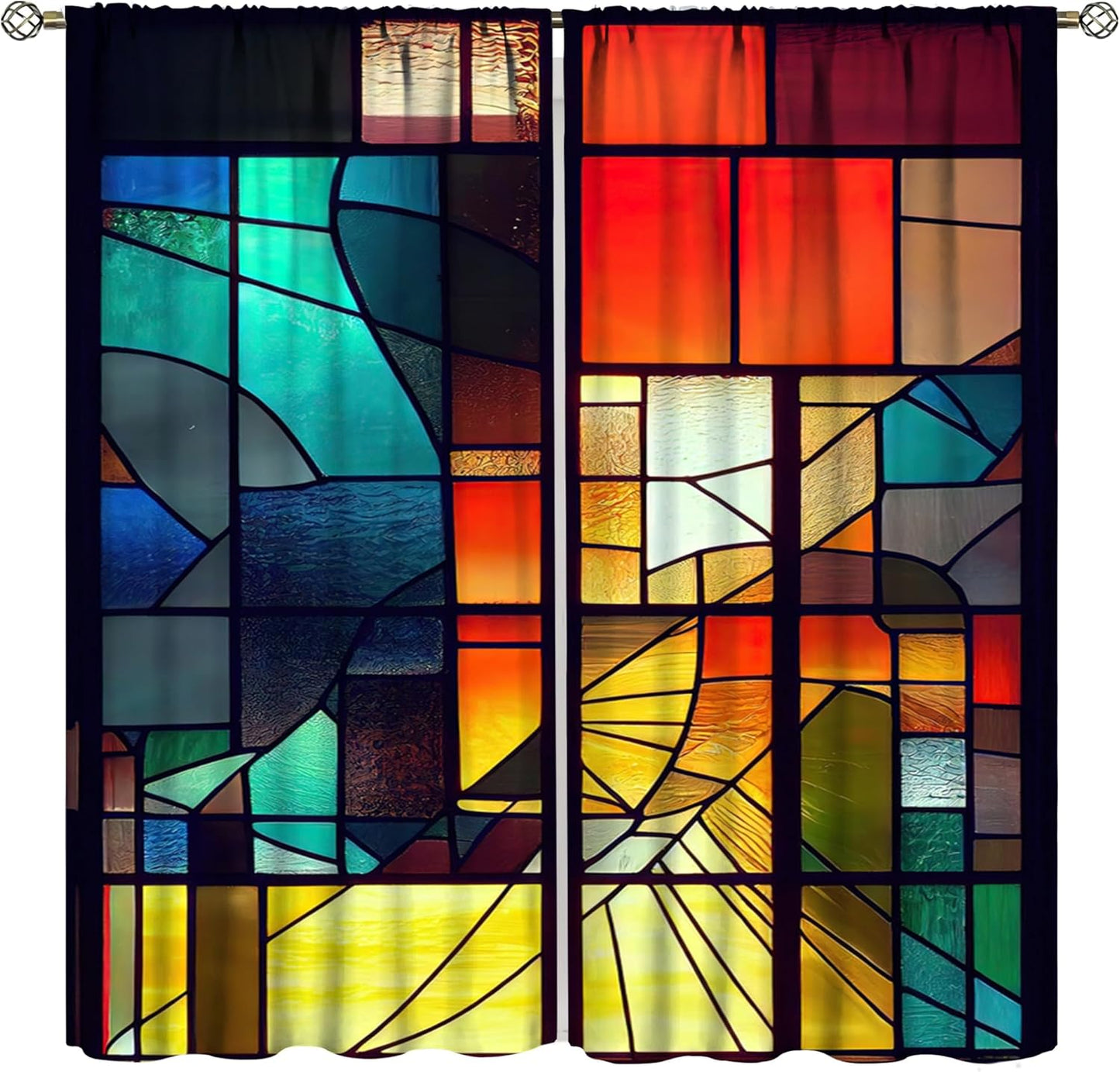 Stained Glass Curtains,Retro Abstract Colorful Geometry Textures Art Home Decor Drapes for Bedroom Living Room Kitchen Window Treatment 2 Panels Set Total Size 42" W X 54" L Inch
