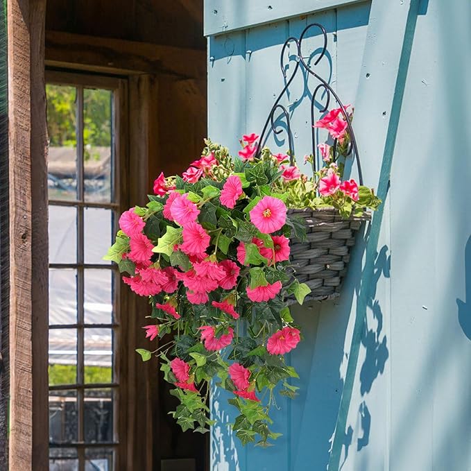 RECUTMS Artificial Fake Hanging Flowers Plants for Outdoor Decoration, 2 Pcs UV Resistant Faux Petunias Trailing Plants Realistic Flower Look Real for Door Wall Yard Porch Garden Planter (Rose Red)