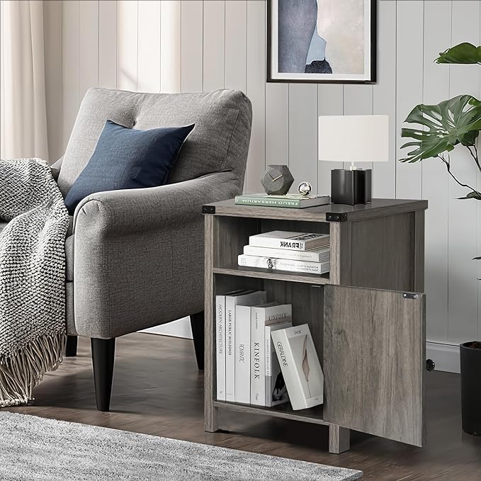 Farmhouse Nightstand, Side Table, End Table with Barn Door and Shelf, Rustic Modern Bed Night Stand for Bedroom, Living Room, Grey Wash