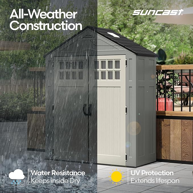 Suncast Everett 6x3 ft Vertical Storage Shed - Resin Plastic Outdoor Garden Shed with Floor, Windows, Skylight & Lockable Double Doors. Slim Yard Storage for Utility Tools & Backyard Equipment