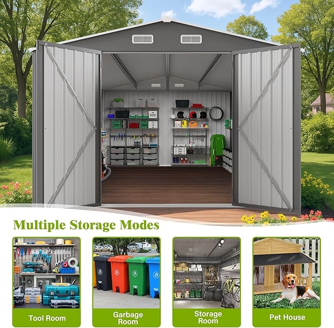 10x14 FT Outdoor Storage Shed, Large Metal Garden Shed with Side Door, Outside Tool Sheds with 2 Windows, Waterproof Storage Building with 4 Air Vents for Backyard, Patio, Lawn, Gray