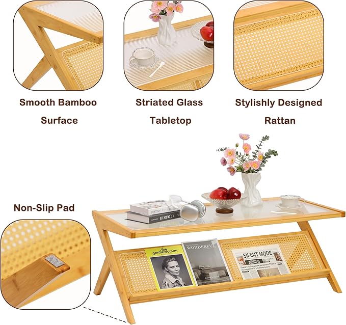 Bamboo Coffee Table, Accent Rattan Coffee Table with Glass Top, Mid-Century Wooden Center Tables, Modern Sofa Side Tea Tables with Storage for Living Room, Burlywood