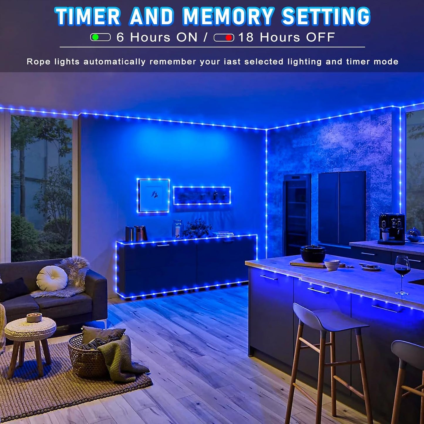 Rope Lights Outdoor, 66FT 200 LED Rope Lights for Outside Waterproof with 8 Modes, Plug in Connectable Clear Tube Light for Indoor, Garden, Backyard, Patio, Pool, Tree, Holiday Decorations - Blue