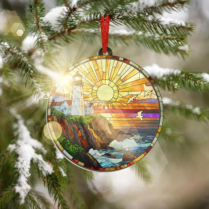 AVERXO Lighthouse Decor Christmas Decorations - Suncatcher Christmas Ornaments 2025 for Xmas Decorations - Lighthouse Gifts for Women Men, Boho Ocean Gifts for Women Men Mom Dad Ocean Lovers