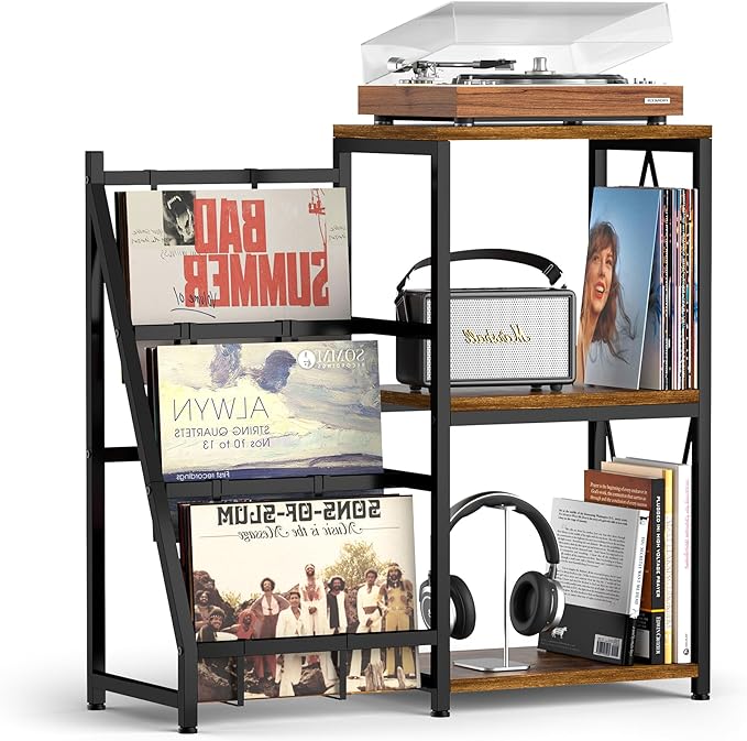 Y&M Record Player Stand with Vinyl Storage, Vinyl Record Shelf Holds Up to 200 Albums, 3-Tier Turntable Stand Table, Record Display Shelf for Album CD, End Table for Bedroom, Living Room
