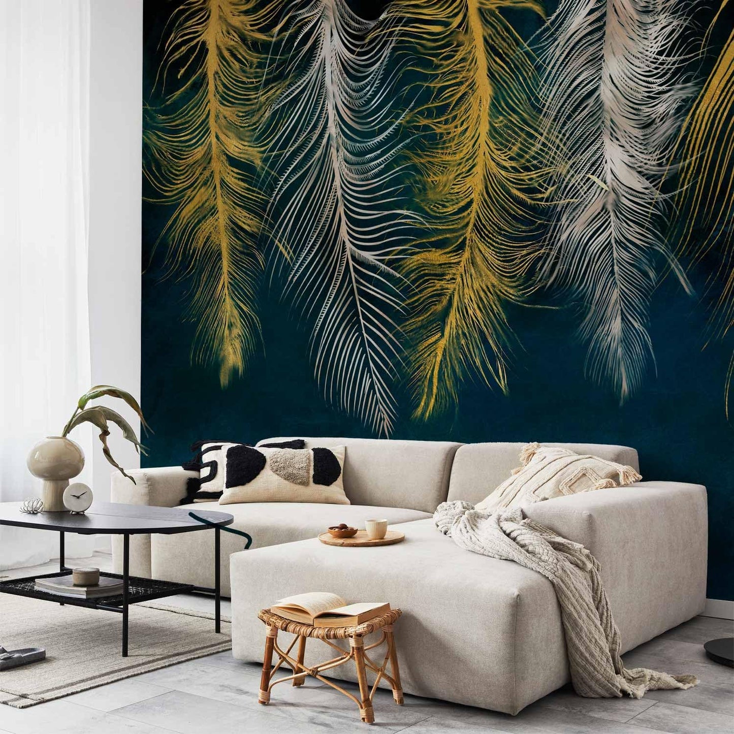 artgeist Premium Wall Mural Feather 98x69 in - Non-Woven Wallpaper Fleece Wall Decor Photo Print Picture Image Design Landscape Abstract Beige Navy Blue b-A-0812-a-a