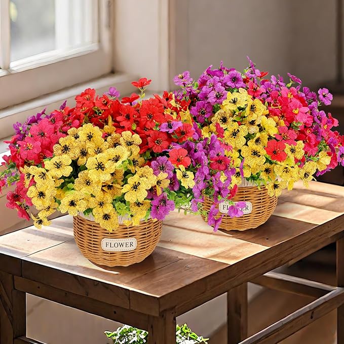 Geegoods Artificial Plants Flowers, 24 Bundles Plastic Fake Violet with 2 Woven Baskets Faux Mix Color Flower for Farmhouse Table Centerpiece Wedding Home Decor