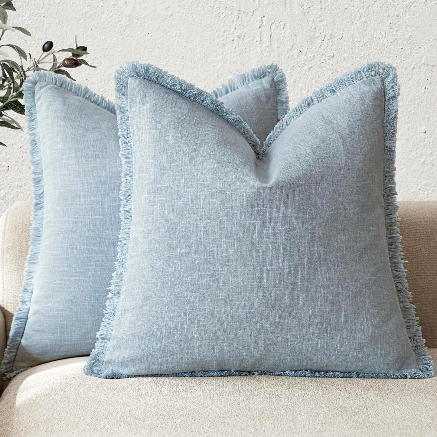 Foindtower Set of 2 Decorative Linen Fringe Throw Pillow Covers Boho Farmhouse Cushion Cover with Tassels Soft Accent Pillowcase for Couch Chair Sofa Bed Living Room Home Decor,20×20 Inch,Sky Blue