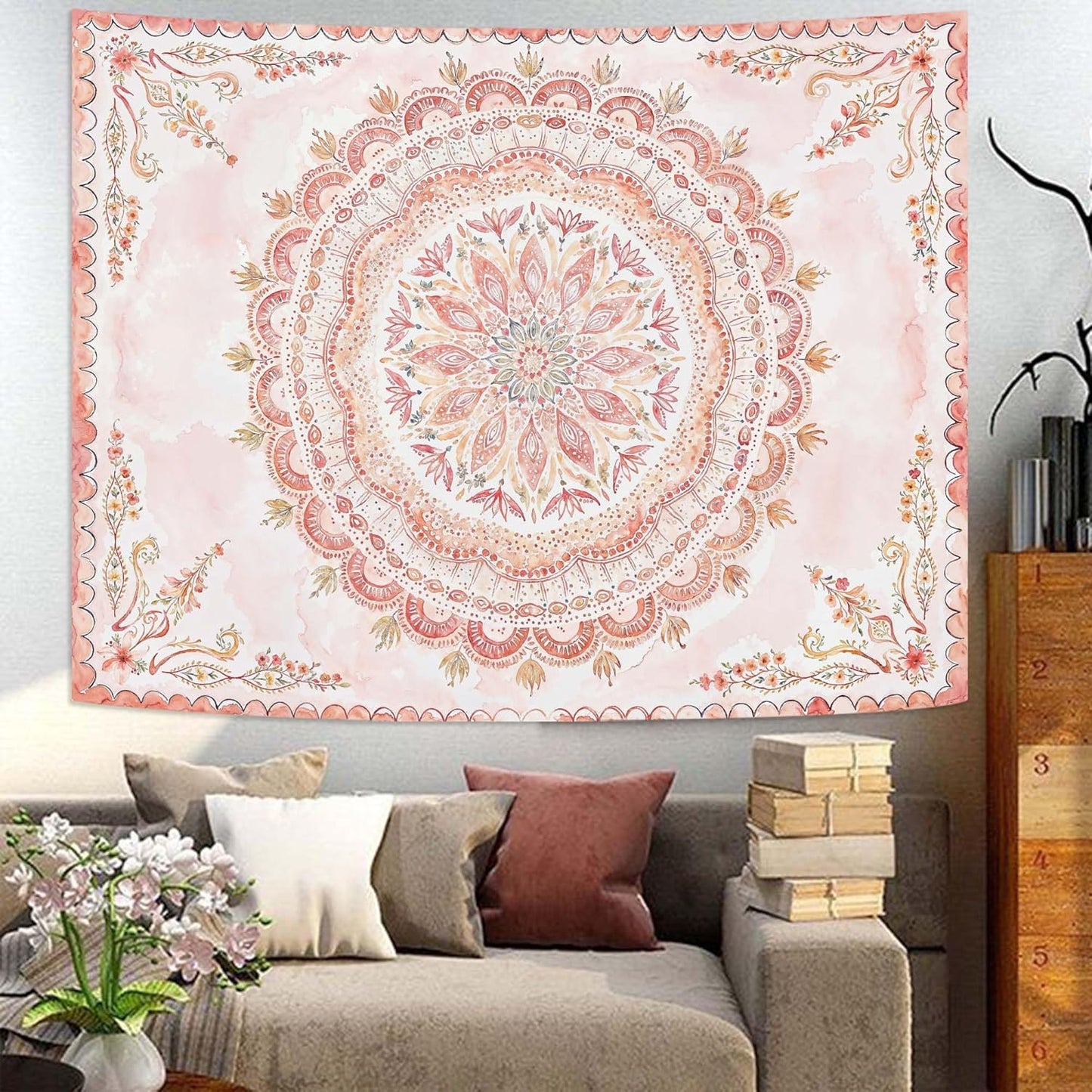 Fowocu Boho Floral Mandala Tapestry Wall Hanging Pink Bohemian Flower Medallion Tapestry Aesthetic Watercolor Hippie Indian Small Tapestries for Bedroom Living Room Dorm Decor 48 x 36 Inch