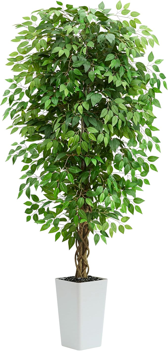 Artificial Ficus Tree 7FT Faux Floor Tree with Planter UV Resistant Potted Fake Silk Plant, Real Wood Trunk-Indoor Outdoor Lifelike Fake Ficus Tree for Home, Living Room Bedroom Topiary Tree