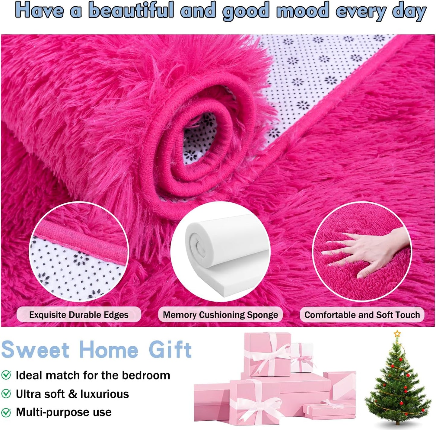 Extra Large Fluffy Area Rug for Bedroom Living Room, 9x12 Feet Hot Pink Modern Indoor Carpets Room Colorful Rugs, Plush Indoor Nursery Classroom Home Decor Bedside Rug with Non-Slip Bottom