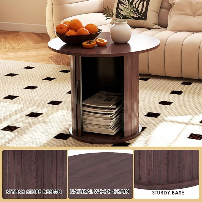 COSVALVE Round Wood Coffee Table 23.6IN with Hidden Storage & Sliding Door, Circle Farmhouse Side Table Sets for Living Room, Bedroom, Balcony, Small Spaces, Walnut