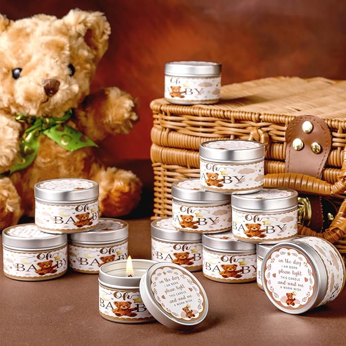 Funtery 12 Pcs Baby Shower Party Favors for Guests Baby Shower Candles Lavender Scented Candle Rustic Tealights Candles Gender Reveal Return Gifts(Bear)