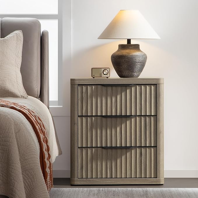 SICOTAS Night Stand Nightstand with 3 Drawers Storage Bedside Table Large Fluted Bed Side End Table Modern 25.6" Tall Wide Night Stands for Bedroom Living Room Sofa Couch Home Office, Grey Alder