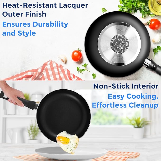 SereneLife Kitchenware Pots & Pans Basic Kitchen Cookware, Black Non-Stick Coating Inside, Heat Resistant Lacquer (11-Piece Set), One Size, Black