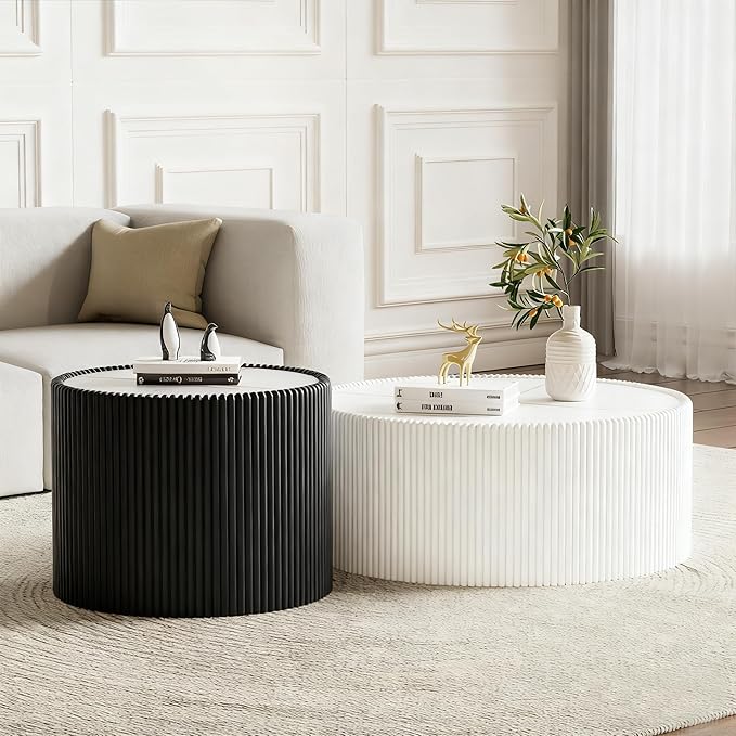 Round Living Room Table Set, 29.52" White Drum Center Table and 17.71" Black Coffee Table Set, 2 Pieces Coffee Table Set with Sintered Stone Tabletop, Fluted PU Leather Covered and StableBase