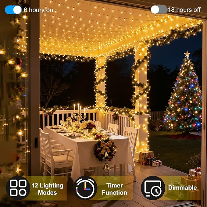 1500 LED Christmas Lights Outdoor Use, 470ft 12 Modes Warm White LED String Lights with Timer Dimmable, Waterproof Christmas Lights for Tree Xmas Patio Yard Fence Balcony Garden Decorations