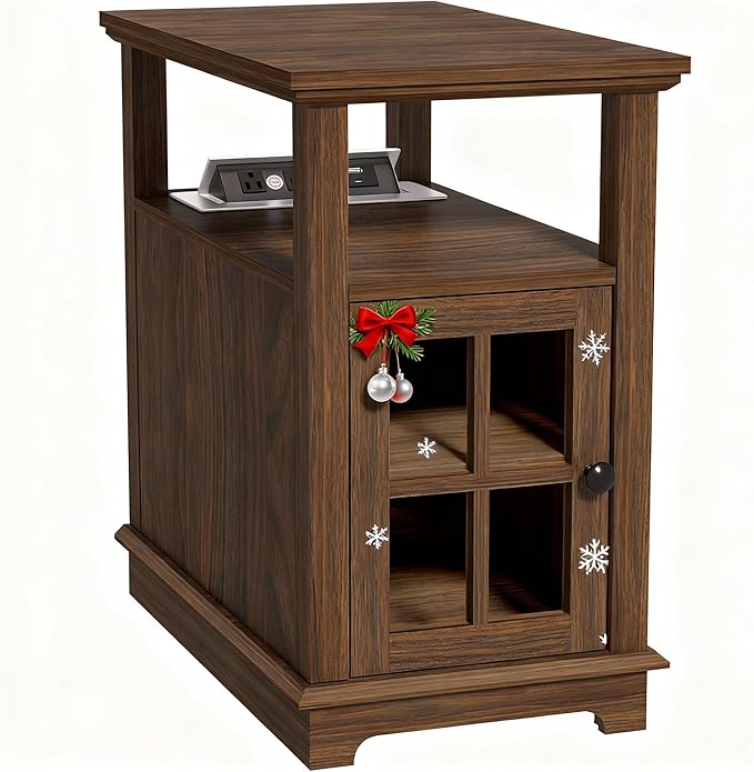 HIFYOBRO Narrow End Table with Flip Top Charging Station, Side Table Living Room, Adjustable Shelf & Power outlets, Bedside Table with Storage for Bedroom
