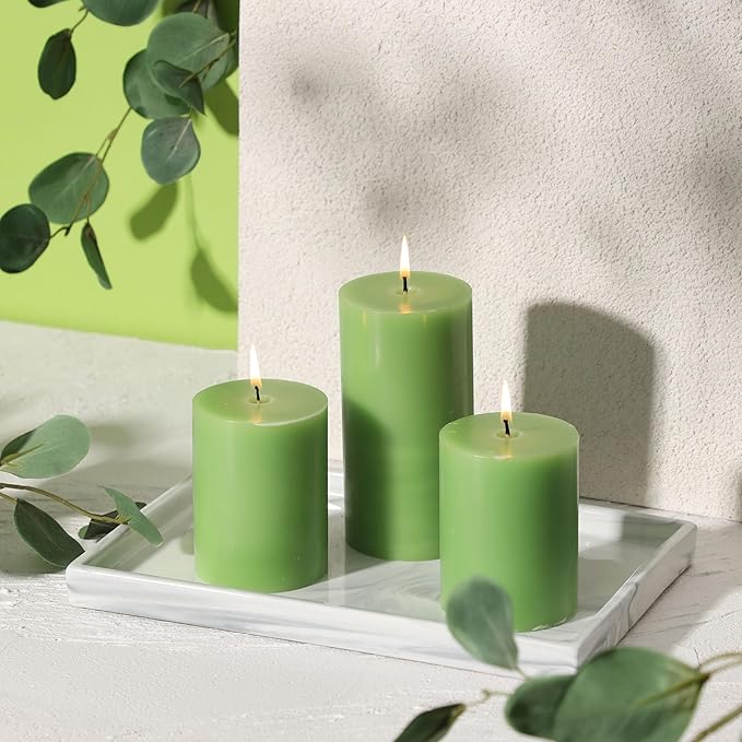 3x4 Inch Green Pillar Candles Set of 3 - Decorative Unscented Pillar Candle, Long Burning Dripless Candle for Table Decor, Smokeless Large Pillar Candles for Wedding Table Decor