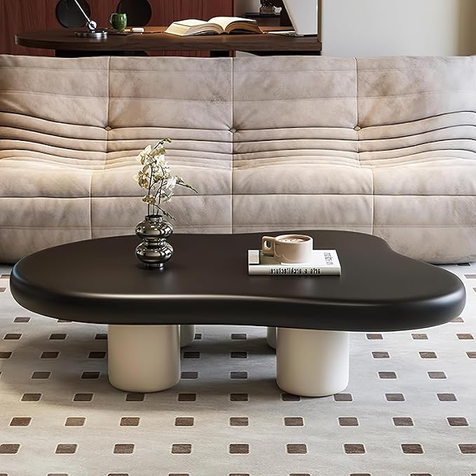 48 Inch Cloud Coffee Table, Modern Coffee Table for Living Room, Large Wood Coffee Side Table with Irregular Tabletop and 4 Sturdy Legs for Home Office Bedroom, Black and White