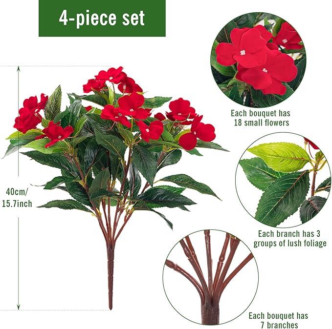 Artificial Impatiens Bouquet Flowers for Outdoors Silk Faux Flowers for Outdoor Impatiens Plants Decor Indoor Planters Kitchen Planters and Balcony Decorations 4PCS (Red)