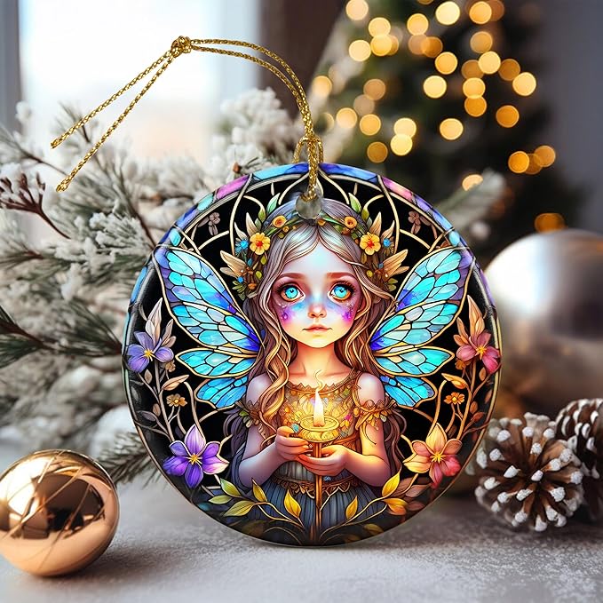 Stained Ceramic Fairy Ornament - Fairy Christmas Ornaments - Christmas Tree Ornaments - Christmas Decorations - Fairy Decor for Office, Room, Home - Holiday Present Ideas - A