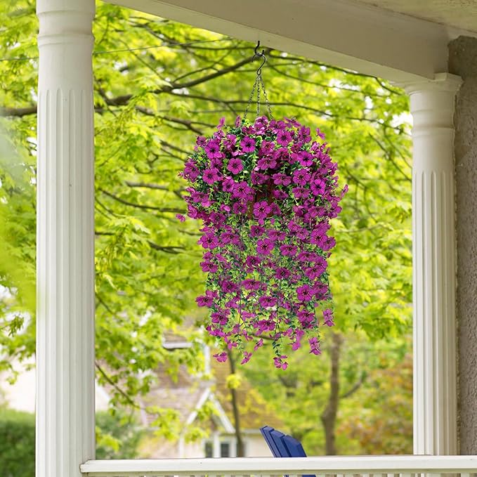 Geegoods 2 Set Artificial Hanging Flowers Plants for Outdoor, Faux Hanging Violet Flowers Baskets with Eucalyptus Vines UV Resistant Realistic Fake Plants for Outside Porch Garden Yard Home Decor