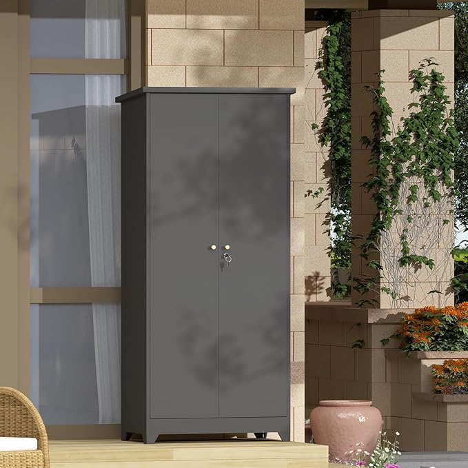 GREATMEET 72.8" Outdoor Broom Storage Cabinet, Waterproof Outdoor Narrow Storage Shed, Metal Storage Cabinets for Cleaning Supplies with Slanted Roof, Utility Closet, Broom Mop Storage Cabinet, Grey