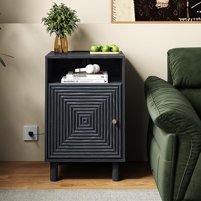 RoyalCraft Nightstand with Charging Station, Modern Side Table with Door, Accent End Table with Solid Wood Legs, Bedside Table for Bedroom, Entryway, Black